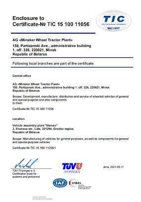Enclosure to certificate for the management system according to ISO 9001:2015 "Neman"